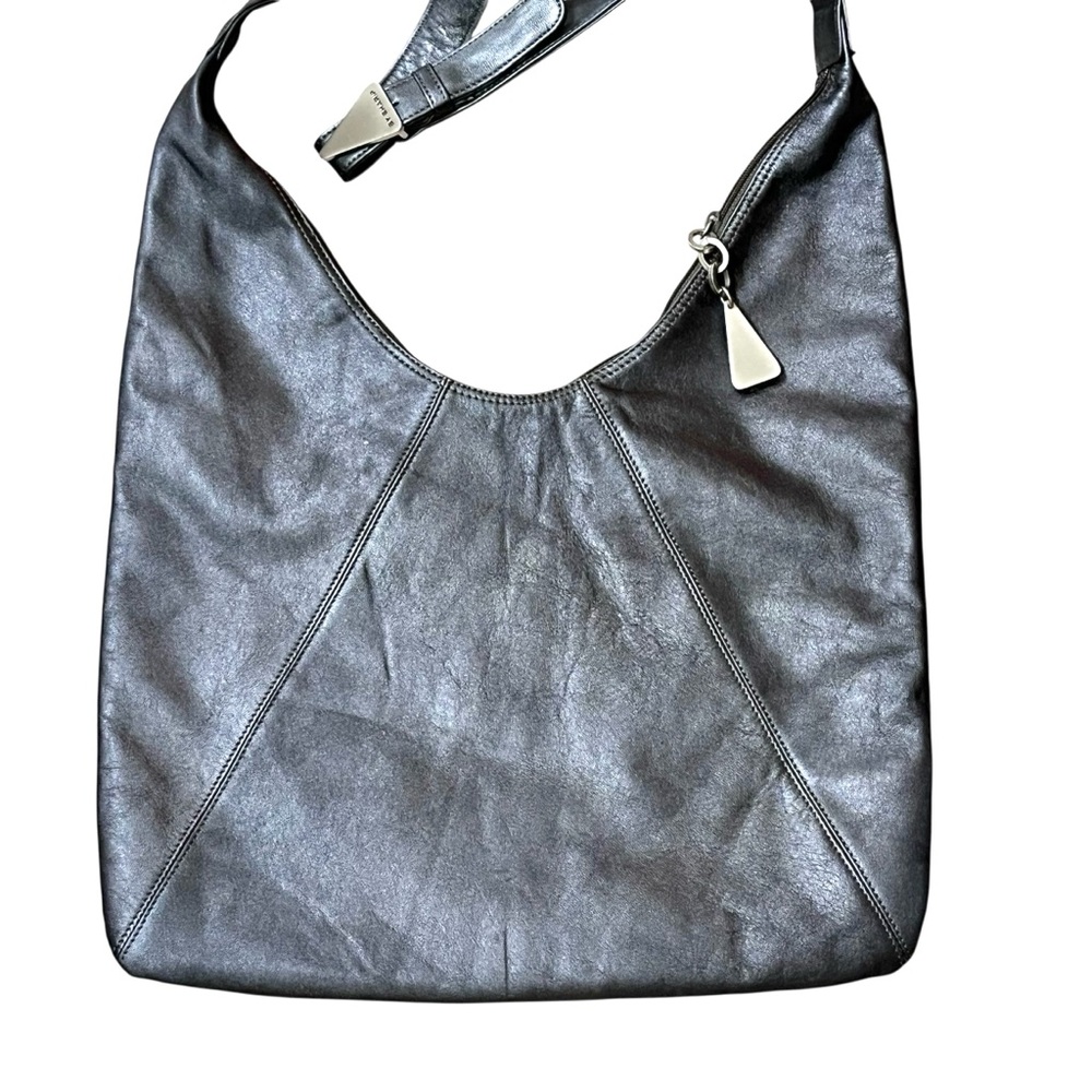 Sharif Leather Hobo Crossbody Bag Pewter Gray Metallic Slouch Shoulder Purse